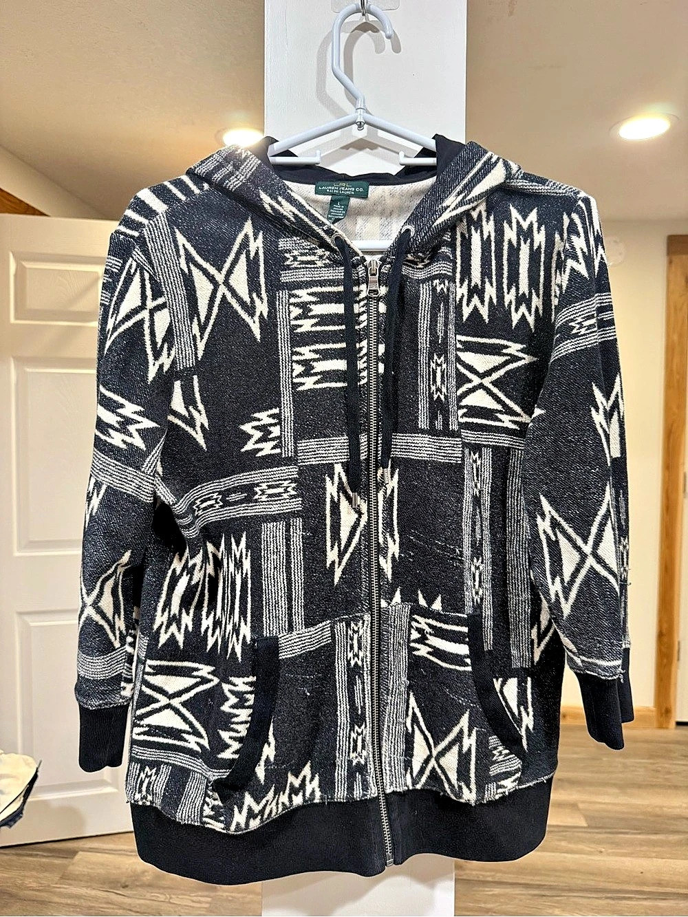 Lauren Ralph Lauren Geometric Zip 3/4 sleeve Hoodie Black & White Size Large